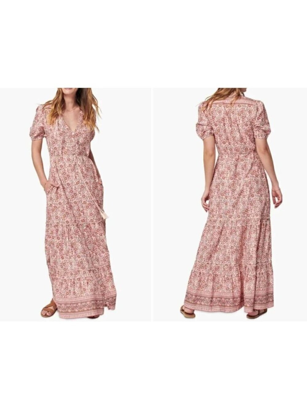 New Faherty Size S Orinda Floral Print Organic Cotton Maxi Dress Multi Pink